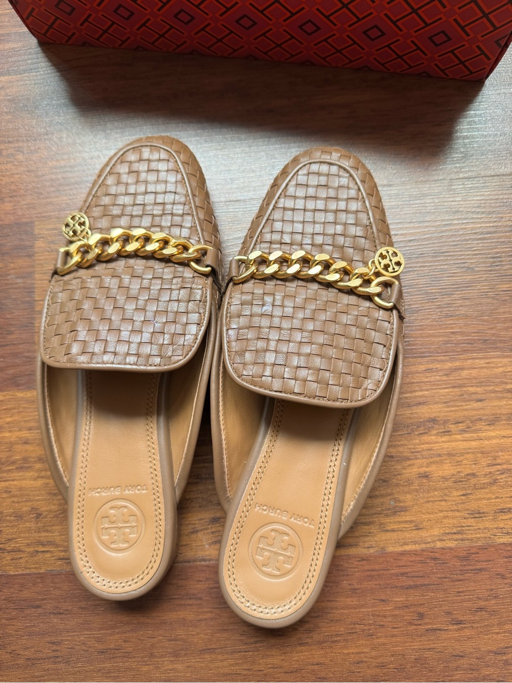 Tory Burch Tan Woven Leather Chain-Trim Mule Slides